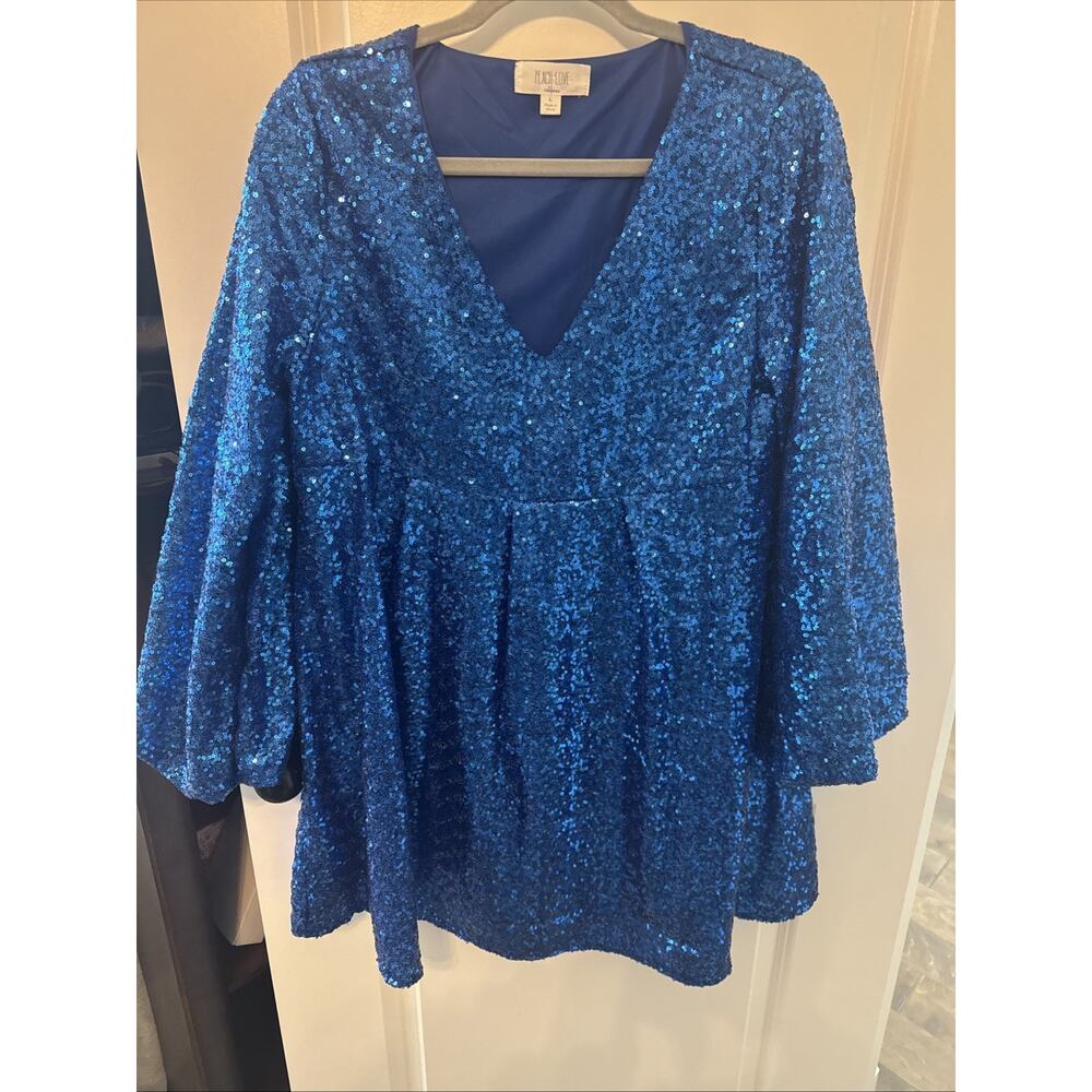 Women’s Peach Love California Blue Sequin Long Sleeve Mini Dress Size Large